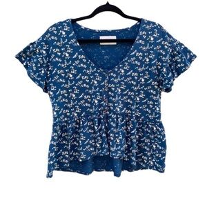 Lucky Brand Ditsy Floral Short Sleeve Button Hi-Low Peplum Ruffle Top Sz S